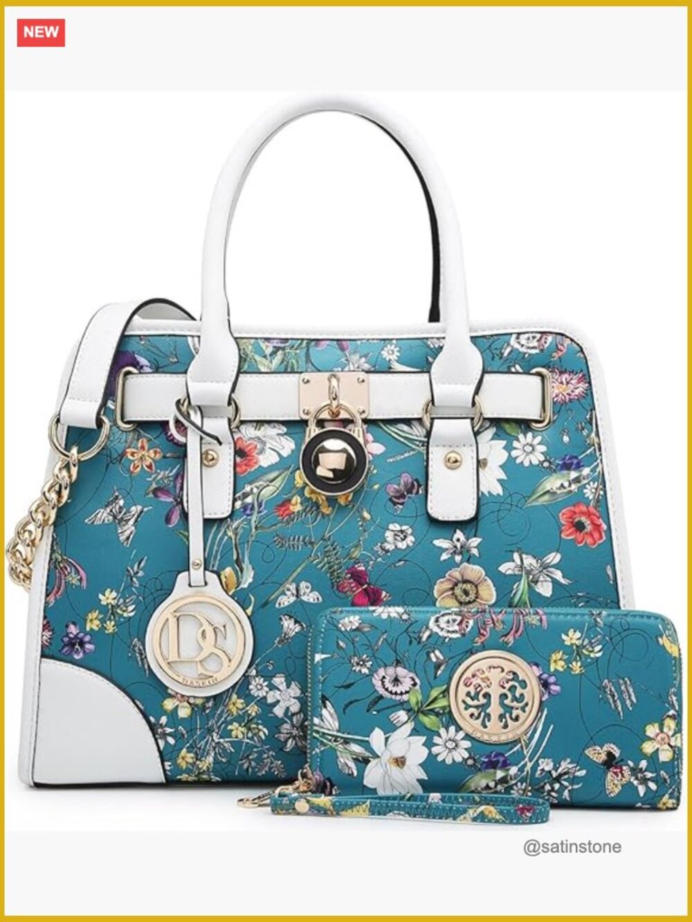 Faux Leather Satchel Purse With Chain Strap And Wallet Set